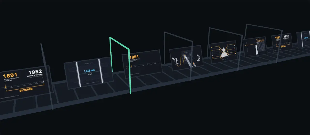 Six frames rendered by Episode 001's motion graphics on a dark belt, passing a row of station gates; the fourth gate is lit.